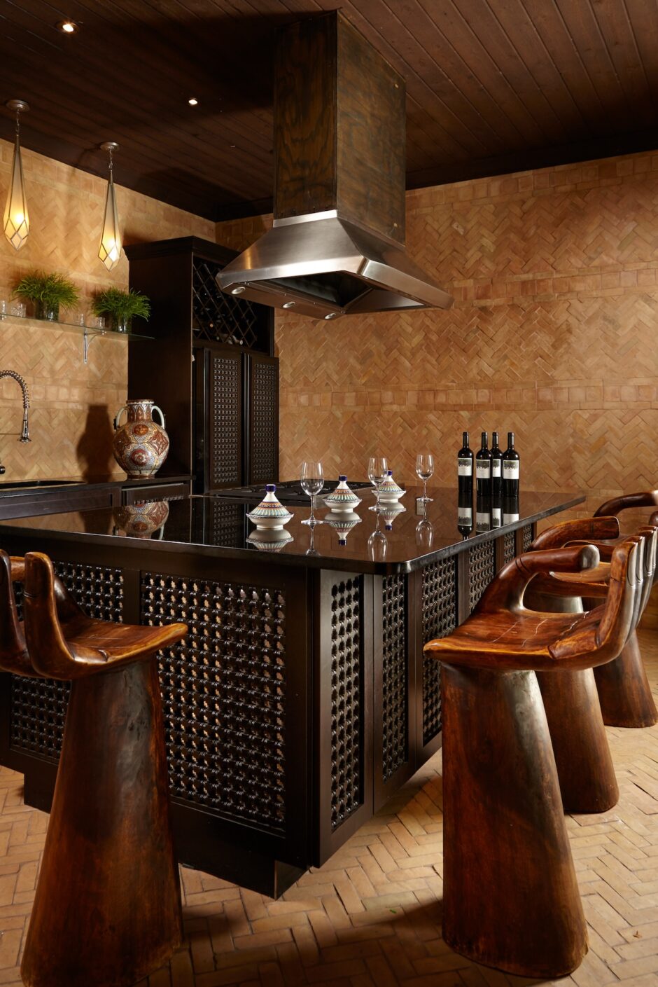 Kitchen Island With Hand Stools Wood Carved